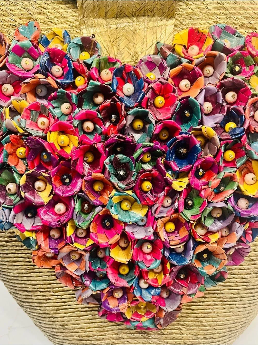 Floral Heart Straw Tote Bag | Handmade Statement Beach Market Bag